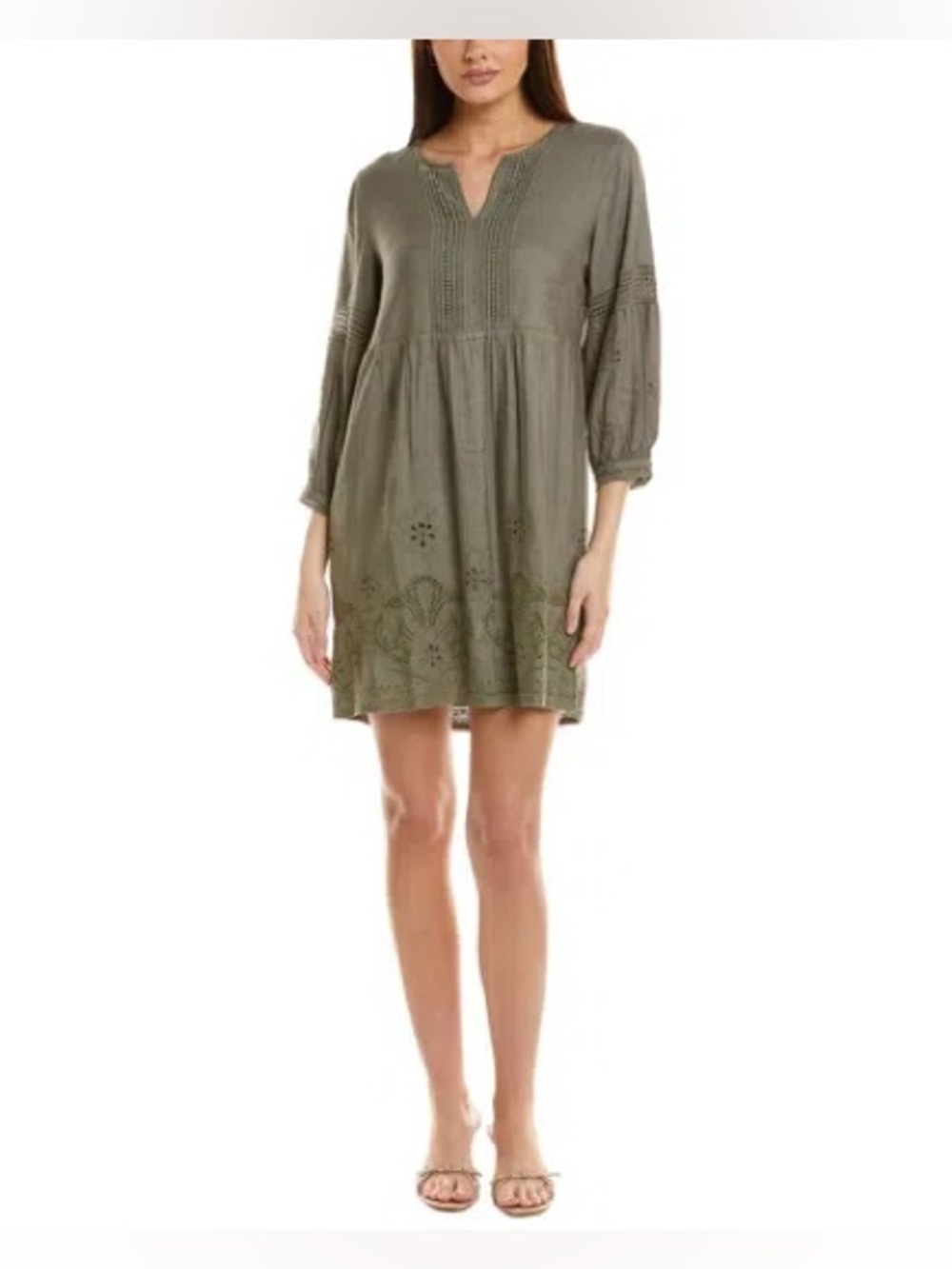 Tommy Bahama St. Lucia Linen Blend Eyelet Mini Dress Olive Tea Leaf Medium